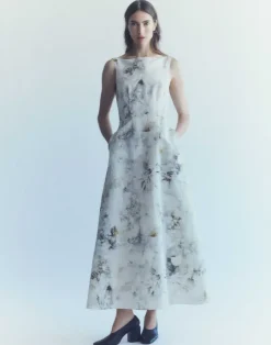 Lafayette 148 New York Eco Leaves Print Silk-Linen Bateau Gown Cloud Multi