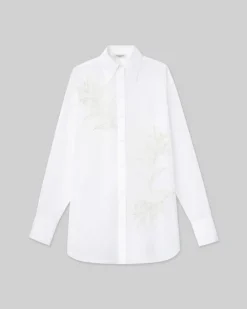 Discount Lafayette 148 New York Embroidered Flora Cotton Voile Oversized Shirt White