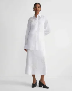 Discount Lafayette 148 New York Embroidered Flora Cotton Voile Oversized Shirt White
