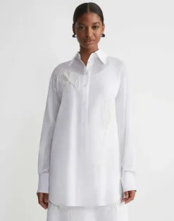 Discount Lafayette 148 New York Embroidered Flora Cotton Voile Oversized Shirt White