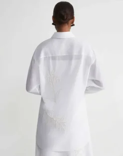 Discount Lafayette 148 New York Embroidered Flora Cotton Voile Oversized Shirt White