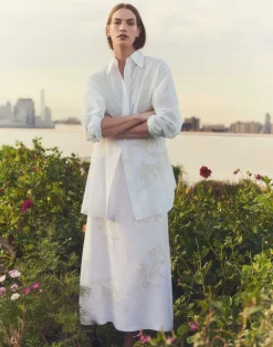 Discount Lafayette 148 New York Embroidered Flora Cotton Voile Oversized Shirt White