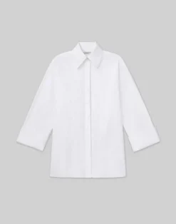 New Lafayette 148 New York Embroidered Rose Organic Cotton Poplin Oversized Shirt White