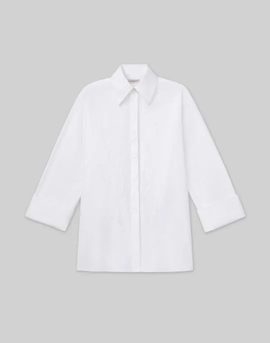 New Lafayette 148 New York Embroidered Rose Organic Cotton Poplin Oversized Shirt White
