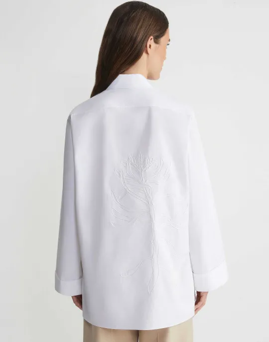 New Lafayette 148 New York Embroidered Rose Organic Cotton Poplin Oversized Shirt White