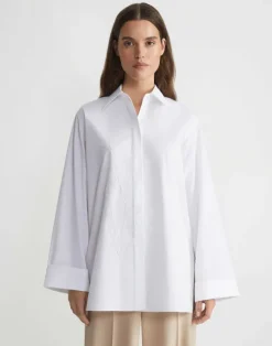 New Lafayette 148 New York Embroidered Rose Organic Cotton Poplin Oversized Shirt White