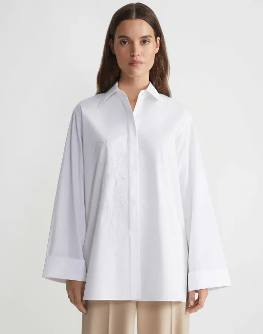 New Lafayette 148 New York Embroidered Rose Organic Cotton Poplin Oversized Shirt White