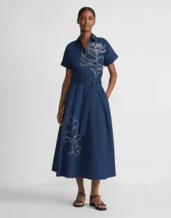 Hot Lafayette 148 New York Embroidered Rose Organic Cotton Poplin Shirtdress Midnight Blue