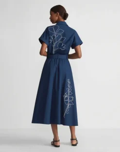 Hot Lafayette 148 New York Embroidered Rose Organic Cotton Poplin Shirtdress Midnight Blue