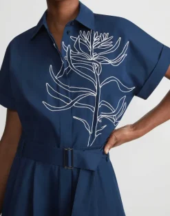Hot Lafayette 148 New York Embroidered Rose Organic Cotton Poplin Shirtdress Midnight Blue