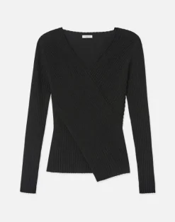 Outlet Lafayette 148 New York Finespun Voile Pleat Stitch Crossover Sweater Black