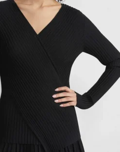 Outlet Lafayette 148 New York Finespun Voile Pleat Stitch Crossover Sweater Black