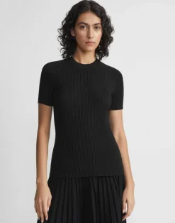 Lafayette 148 New York Finespun Voile Ribbed Knit Top Pebble