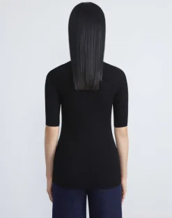 Lafayette 148 New York Finespun Voile Ribbed Short Sleeve Sweater Black