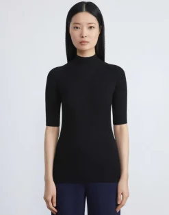 Lafayette 148 New York Finespun Voile Ribbed Short Sleeve Sweater Black