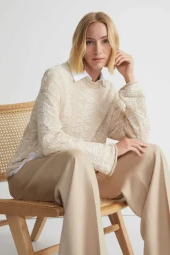 Clearance Lafayette 148 New York Flora Bloom Cotton-Silk Tape Textured Stitch Sweater Pampas Plume Multi