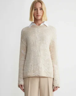 Clearance Lafayette 148 New York Flora Bloom Cotton-Silk Tape Textured Stitch Sweater Pampas Plume Multi