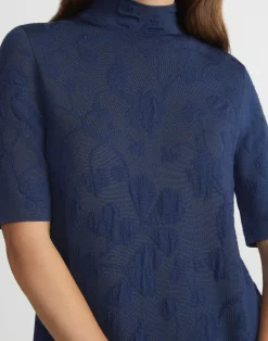 Clearance Lafayette 148 New York Flora Jacquard Responsible Fine Gauge Merino-Viscose Sweater Dress Midnight Blue