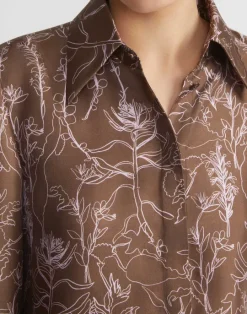 Lafayette 148 New York Flora Print Silk Twill Point Collar Blouse Deep Acorn Multi