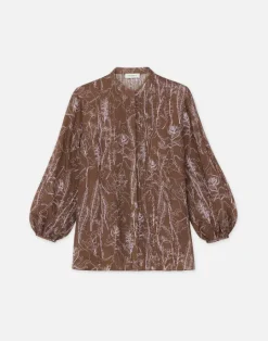 New Lafayette 148 New York Flora Print Sustainable Gemma Cloth Voile Pintuck Blouse Deep Acorn Multi