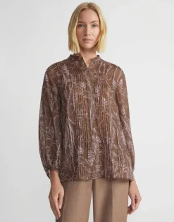 New Lafayette 148 New York Flora Print Sustainable Gemma Cloth Voile Pintuck Blouse Deep Acorn Multi
