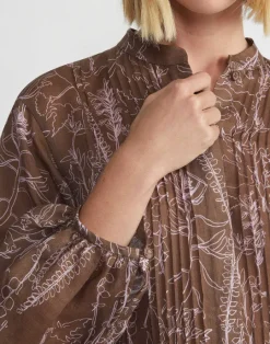 New Lafayette 148 New York Flora Print Sustainable Gemma Cloth Voile Pintuck Blouse Deep Acorn Multi