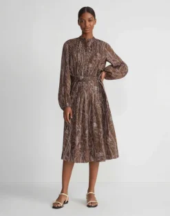 New Lafayette 148 New York Flora Print Sustainable Gemma Cloth Voile Pintuck Midi Dress Deep Acorn Multi