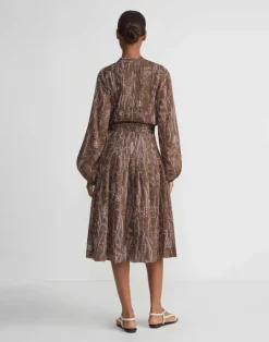 New Lafayette 148 New York Flora Print Sustainable Gemma Cloth Voile Pintuck Midi Dress Deep Acorn Multi