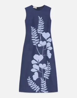 Discount Lafayette 148 New York Flora Print Viscose-Linen Sleeveless Dress Midnight Blue Multi