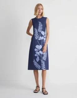 Discount Lafayette 148 New York Flora Print Viscose-Linen Sleeveless Dress Midnight Blue Multi