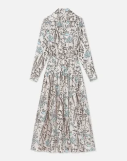 Lafayette 148 New York Flora Trail Print Silk Twill Pleated Shirtdress Pampas Plume Multi