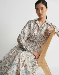 Lafayette 148 New York Flora Trail Print Silk Twill Pleated Shirtdress Pampas Plume Multi