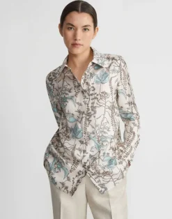 Hot Lafayette 148 New York Flora Trail Print Silk Twill Collared Blouse Pampas Plume Multi