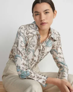 Hot Lafayette 148 New York Flora Trail Print Silk Twill Collared Blouse Pampas Plume Multi