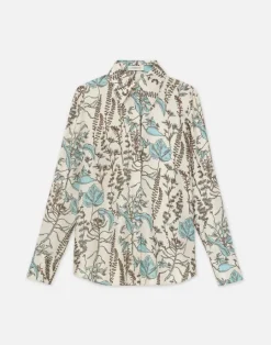 Hot Lafayette 148 New York Flora Trail Print Silk Twill Collared Blouse Pampas Plume Multi