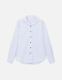 Sale Lafayette 148 New York Gingham Cotton Poplin Notched Shawl Collar Shirt Wild Bluet Multi