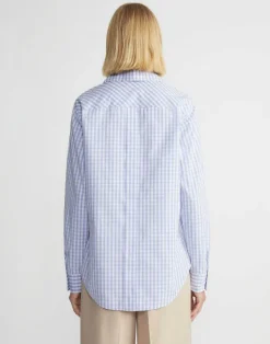 Sale Lafayette 148 New York Gingham Cotton Poplin Notched Shawl Collar Shirt Wild Bluet Multi