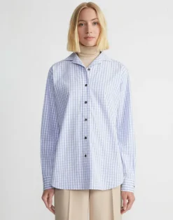 Sale Lafayette 148 New York Gingham Cotton Poplin Notched Shawl Collar Shirt Wild Bluet Multi