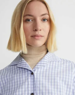 Sale Lafayette 148 New York Gingham Cotton Poplin Notched Shawl Collar Shirt Wild Bluet Multi