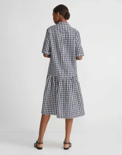 Sale Lafayette 148 New York Gingham Crinkle Cotton-Linen Drop Waist Shirtdress Midnight Blue Multi
