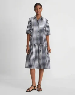 Sale Lafayette 148 New York Gingham Crinkle Cotton-Linen Drop Waist Shirtdress Midnight Blue Multi