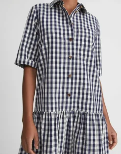 Sale Lafayette 148 New York Gingham Crinkle Cotton-Linen Drop Waist Shirtdress Midnight Blue Multi
