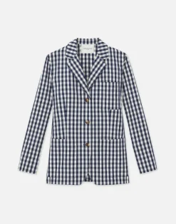Hot Lafayette 148 New York Gingham Crinkle Cotton-Linen Three Button Blazer Midnight Blue Multi