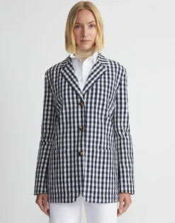 Hot Lafayette 148 New York Gingham Crinkle Cotton-Linen Three Button Blazer Midnight Blue Multi
