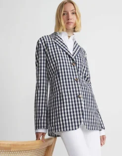 Hot Lafayette 148 New York Gingham Crinkle Cotton-Linen Three Button Blazer Midnight Blue Multi
