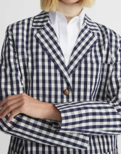 Hot Lafayette 148 New York Gingham Crinkle Cotton-Linen Three Button Blazer Midnight Blue Multi