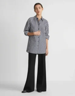 Lafayette 148 New York Gingham Crinkle Cotton-Linen Oversized Shirt Midnight Blue Multi