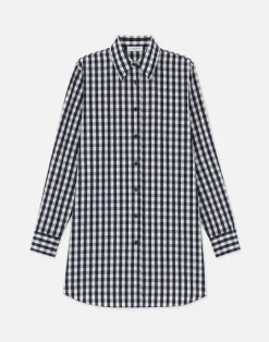 Lafayette 148 New York Gingham Crinkle Cotton-Linen Oversized Shirt Midnight Blue Multi