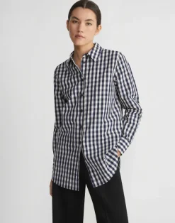 Lafayette 148 New York Gingham Crinkle Cotton-Linen Oversized Shirt Midnight Blue Multi