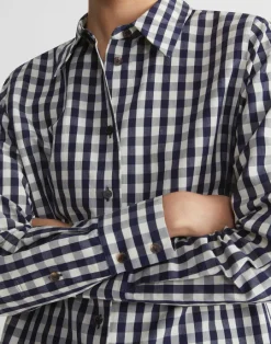 Lafayette 148 New York Gingham Crinkle Cotton-Linen Oversized Shirt Midnight Blue Multi